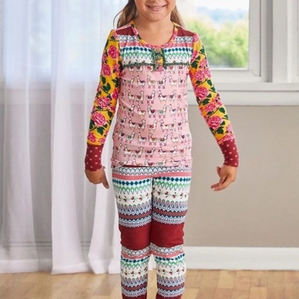 Matilda Jane Girls No Probllama Pajama Top Fleece Pink Yellow Mixed Print Size 6 - Picture 1 of 2